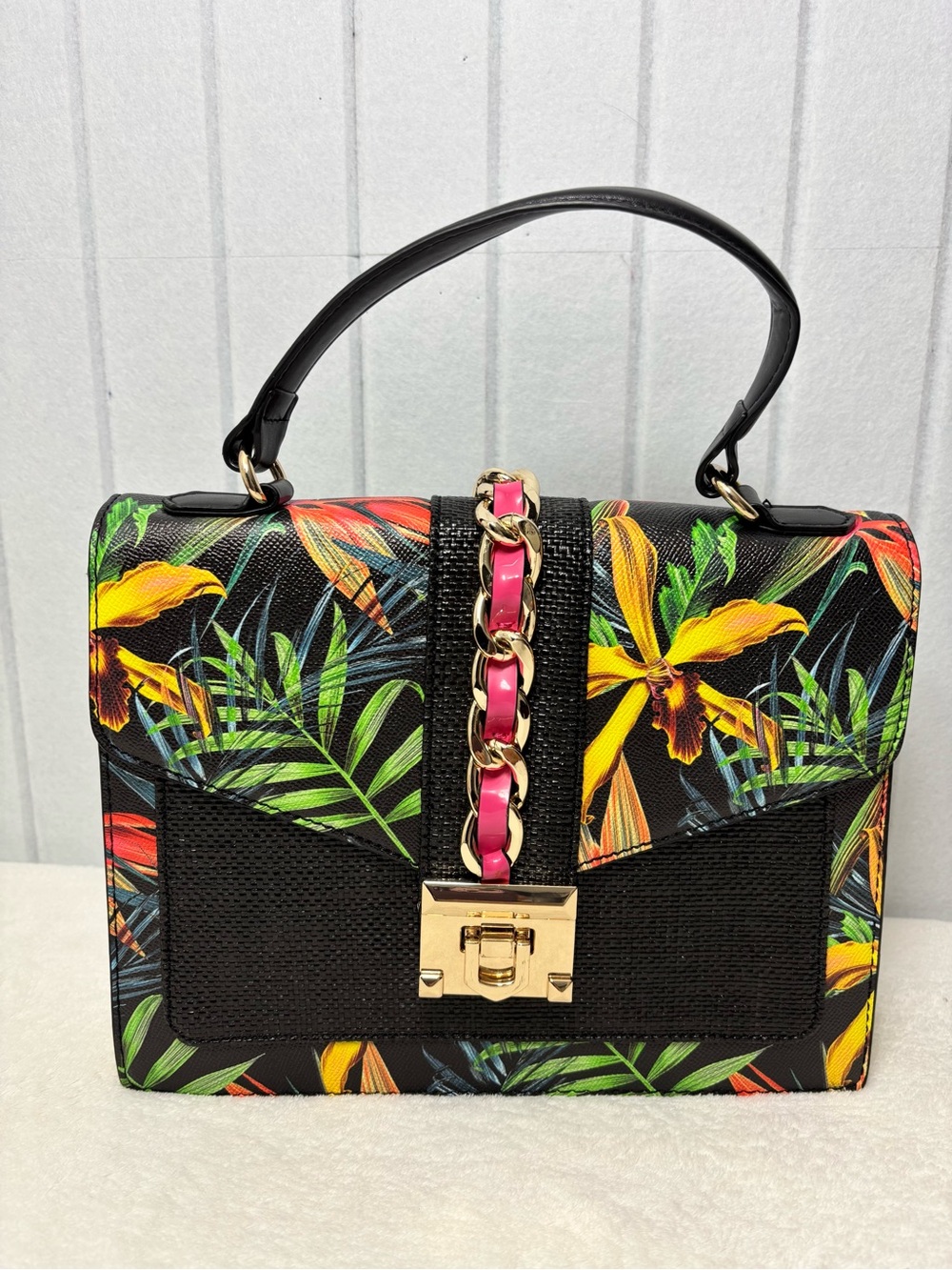 Aldo Black Tropical Floral Top-Handle Satchel/ Crossbody Pink Chain Accent NEW